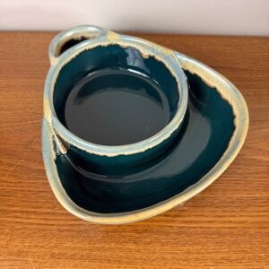 LTD Commodities Teal Ceramic Chip & Dip Serving Platter Bowl Reactive Glaze